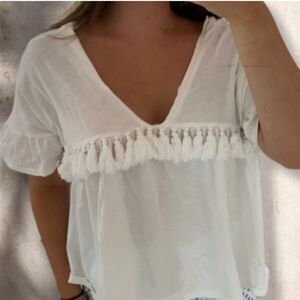 ZARA White Flutter Sleeve Tassel Blouse